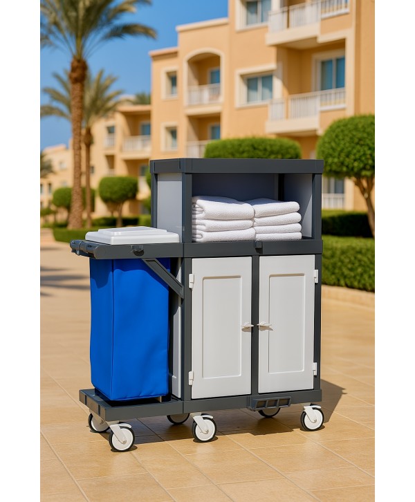 Acasa - - Cărucior cameristă multifuncțional pentru hoteluri 🏨 ArliPlus® M955 – Soluție completă pentru curățenie și alimentare minibar - arli.ro