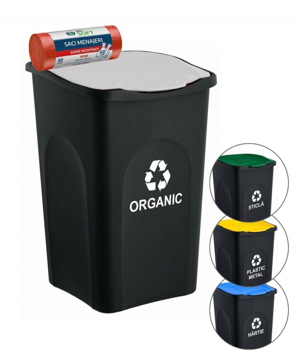 Acasa - - Cos de gunoi colectare selectiva deseuri organice, EcoGreen 50 litri, cu capac + 🎁 50 de saci rosii ArliSoft 60 litri - arli.ro