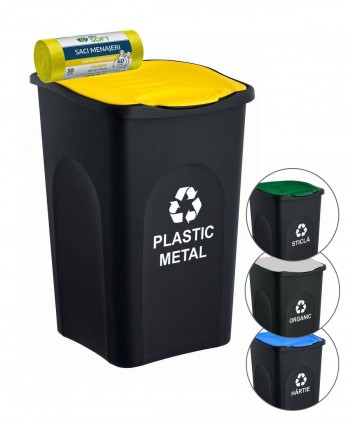  Acasa - Cos de gunoi colectare selectiva deseuri din plastic, EcoGreen 50 litri, cu capac + 🎁 50 de saci galbeni ArliSoft 60 litri - arli.ro