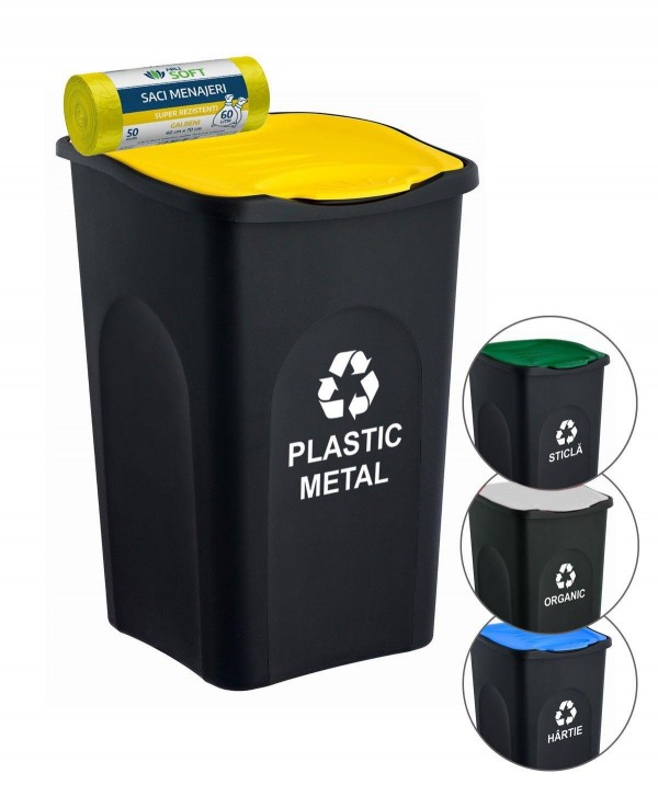 Acasa - - Cos de gunoi colectare selectiva deseuri din plastic 🇮🇹 EcoGreen 50 litri, cu capac + 50 de saci galbeni ArliSoft 60 litri - arli.ro