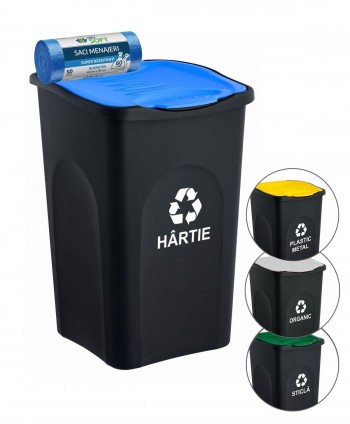  Acasa - Cos de gunoi colectare selectiva deseuri din hartie, EcoGreen 50 litri, cu capac + 🎁 50 de saci albastri ArliSoft 60 litri - arli.ro