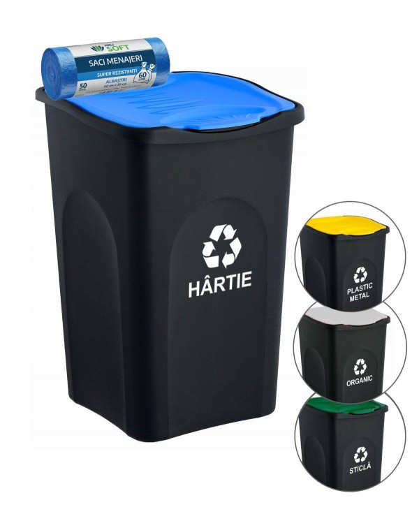Acasa - - Cos de gunoi colectare selectiva deseuri din hartie, EcoGreen 50 litri, cu capac + 🎁 50 de saci albastri ArliSoft 60 litri - arli.ro