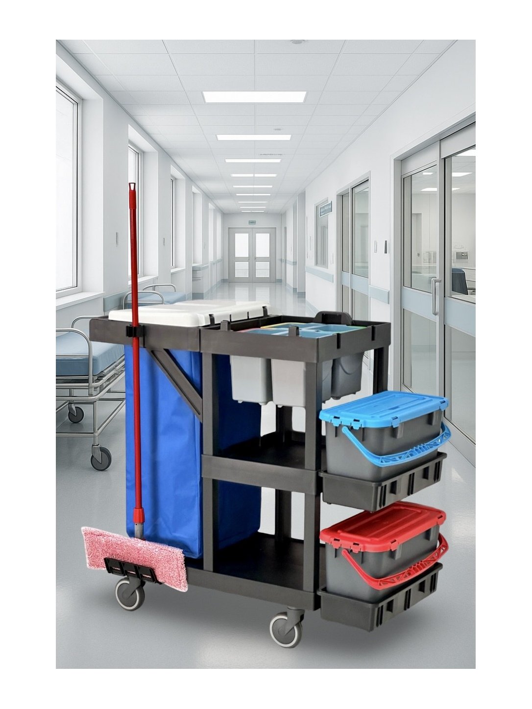 Cărucior profesional curățenie ArliPlus® M61 Eco – Versiune compactă, ideală pentru spații cu cerințe stricte de igienă