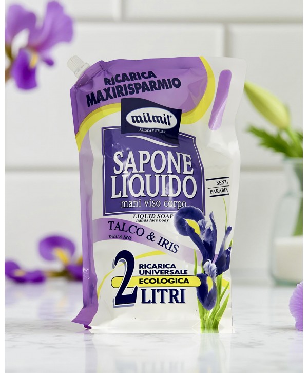 Consumabile – Sapun lichid - - Săpun Lichid Talc și Iris MilMil 2L – Delicatețe și Hidratare pentru Pielea Sensibilă - arli.ro