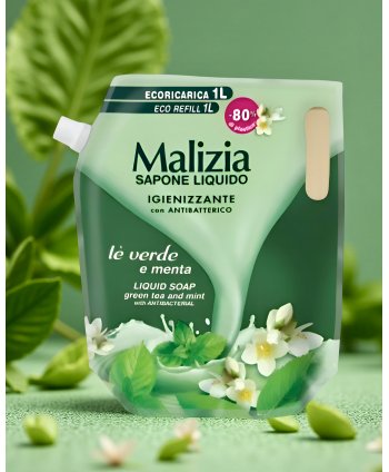 Săpun Lichid Malizia Ceai Verde și Mentă 1L – Igienizare Revigorantă cu Efect Antibacterian