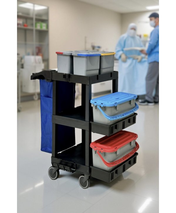 Cărucior Profesional de Curățenie ArliPlus® M707 – Echipare Superioară cu 6 Găleți și Capacitate Extinsă
