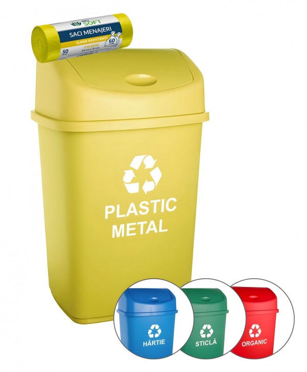  Acasa - - Cos de gunoi pt colectare selectiva deseuri din plastic, 55 litri, capac batant + 50 de saci galbeni ArliSoft 60 litri - arli.ro
