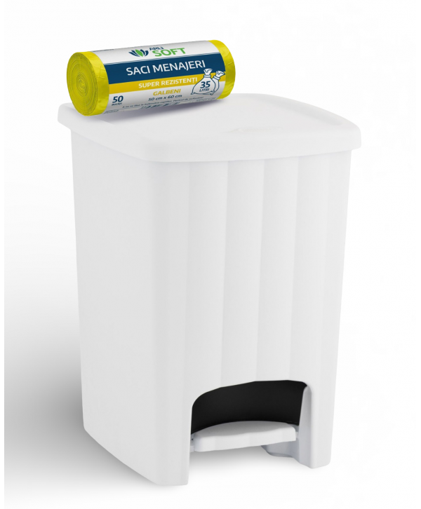 Acasa - - Coș de Gunoi 20L cu Pedală și Capac 🇮🇹 White + Rola 50 Saci Menajeri Galbeni (35L) – Igienă și Practicabilitate - arli.ro