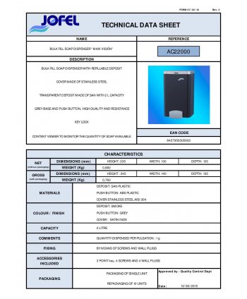 Dozator profesional 🏭 pentru sapun lichid Jofel Maxi Vision, gama premium, ABS si inox, capacitate 2000 ml, Spania