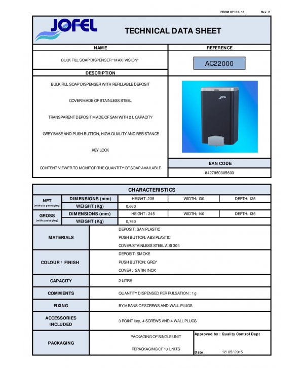 Dozator profesional 🏭 pentru sapun lichid Jofel Maxi Vision, gama premium, ABS si inox, capacitate 2000 ml, Spania