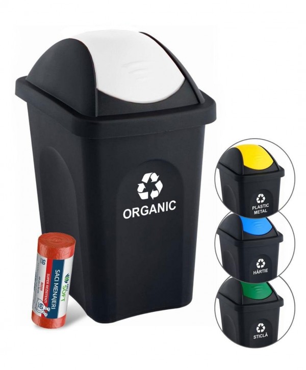  Acasa - - Coș de gunoi pt colectare selectiva deseuri organice 🇮🇹 30 litri, capac batant + 50 saci rosii ArliSoft 60 litri - arli.ro