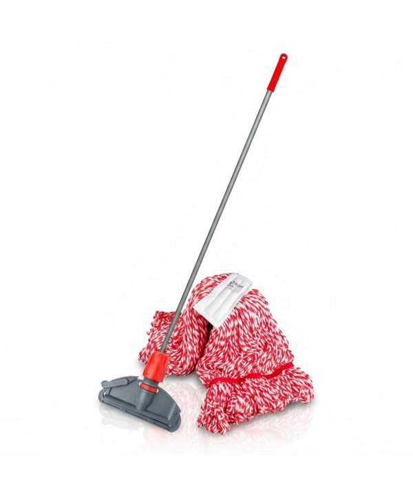 Set mop Kentucky roșu 200 g, cu suport tip clește și mâner aluminiu 140 cm, pentru toalete Set mop Kentucky roșu 200 g, cu suport tip clește și mâner aluminiu 140 cm, pentru toalete