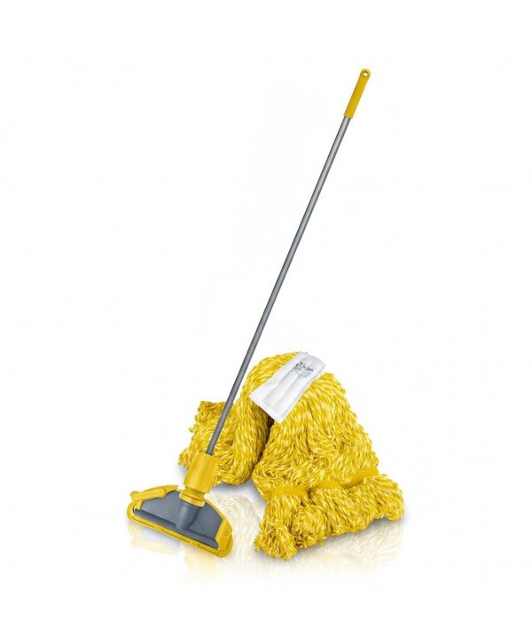 Set mop Kentucky galben 200 g, cu suport tip clește și mâner aluminiu 140 cm, pentru lavoare Set mop Kentucky galben 200 g, cu suport tip clește și mâner aluminiu 140 cm, pentru lavoare