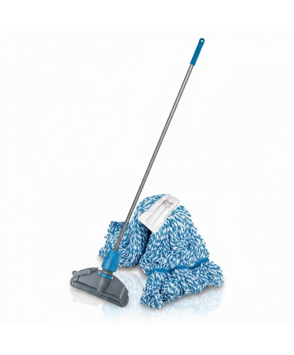 Set mop Kentucky albastru 200 g, cu suport tip clește și mâner aluminiu 140 cm, pentru spatii comune Set mop Kentucky albastru 200 g, cu suport tip clește și mâner aluminiu 140 cm, pentru spatii comune