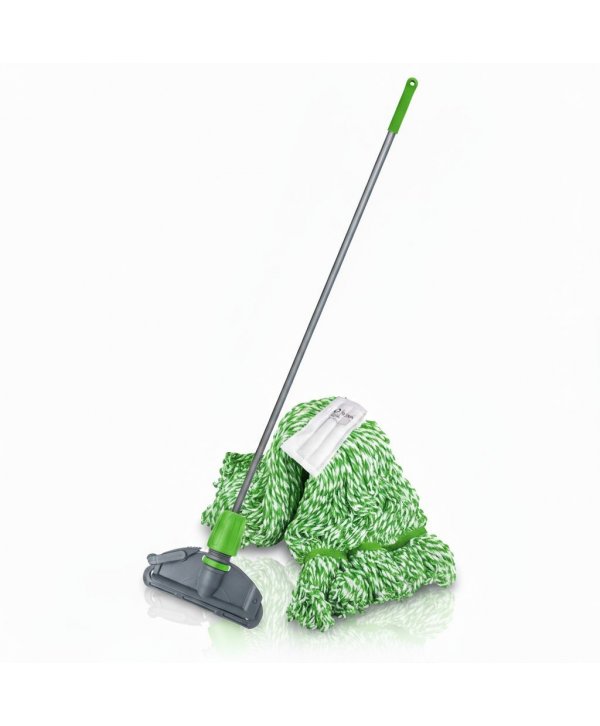 Set mop Kentucky verde 200 g, cu suport tip clește și mâner aluminiu 140 cm, pentru zone alimentare Set mop Kentucky verde 200 g, cu suport tip clește și mâner aluminiu 140 cm, pentru zone alimentare