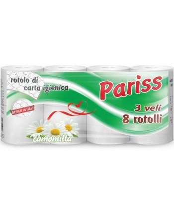 Hârtie Igienică PARISS – 3 Straturi | 100% Celuloză | 8 Role | Parfum Mușețel