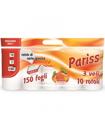10 🧻 Hârtie Igienică PARISS –  3 Straturi | 100% Celuloză | 10 Role | Parfum Piersică