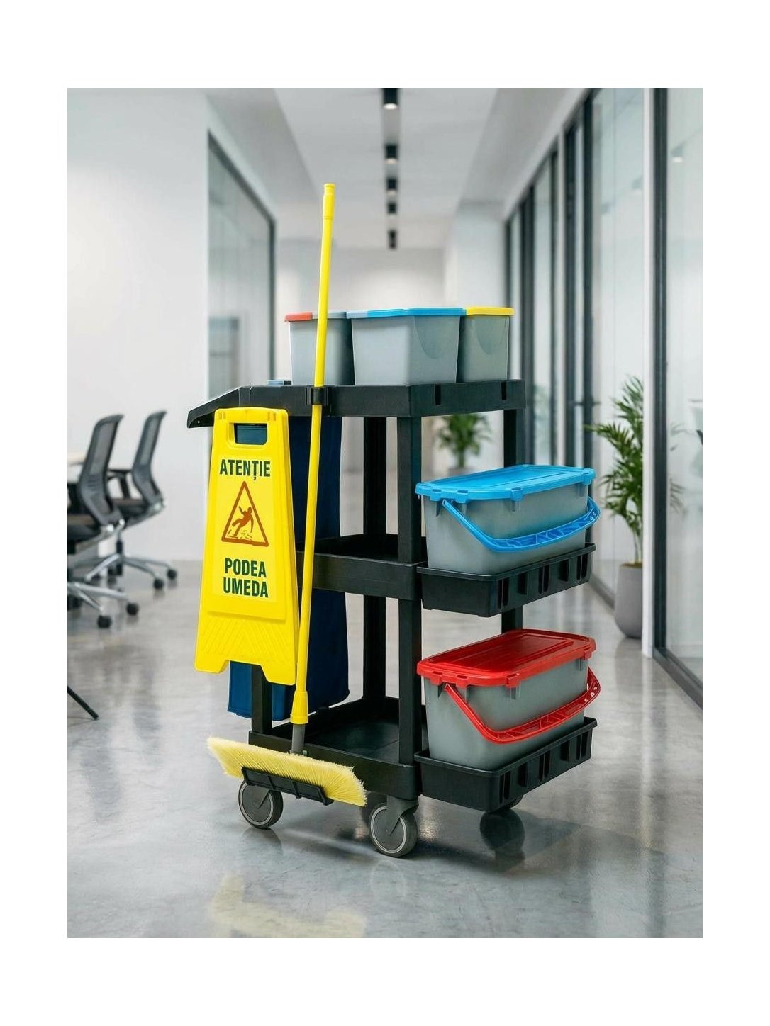 Cărucior Profesional de Curățenie ArliPlus® M707 – Echipare Superioară cu 6 Găleți și Capacitate Extinsă