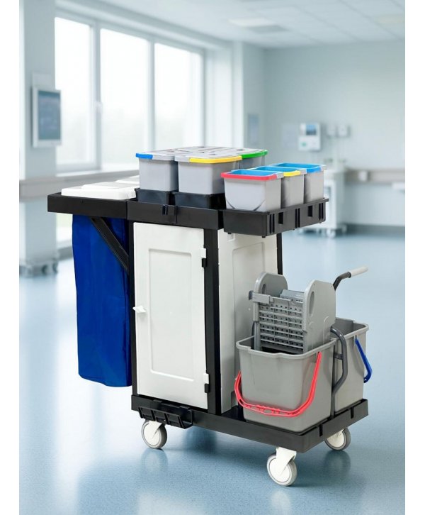 Cărucior de Curățenie Profesional ArliPlus® M58 cu Uși Magnetice pentru Uz Spitalicesc