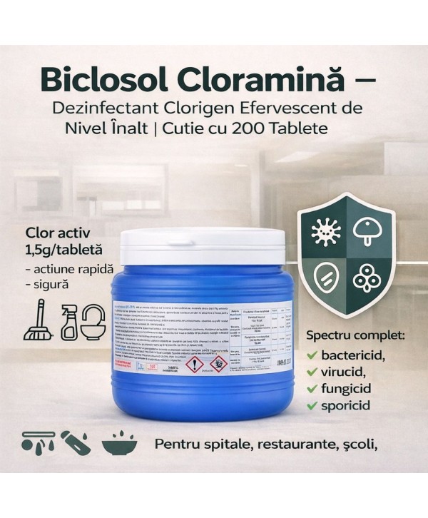  Produse de curatenie profesionale - - Biclosol – Dezinfectant Clorigen Efervescent de Nivel Înalt cu Spectru Larg de Actiune – 200 Tablete - arli.ro