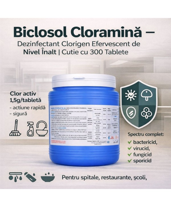 Biclosol – Dezinfectant Clorigen Efervescent de Nivel Înalt cu Spectru Larg de Actiune – 300 Tablete Biclosol – Dezinfectant Clorigen Efervescent de Nivel Înalt cu Spectru Larg de Actiune – 300 Tablete