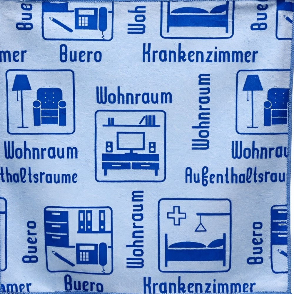 Laveta Microfibră ULTRA 🇦🇹 cu Pictograme 40×40 cm, 43 g Albastru 🔵 pt Spații Administrative 🏢🪑