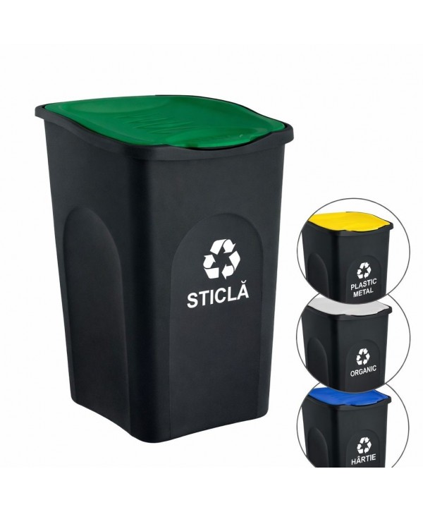 Cos de gunoi colectare selectiva deseuri din sticla EcoGreen 50 litri, cu capac