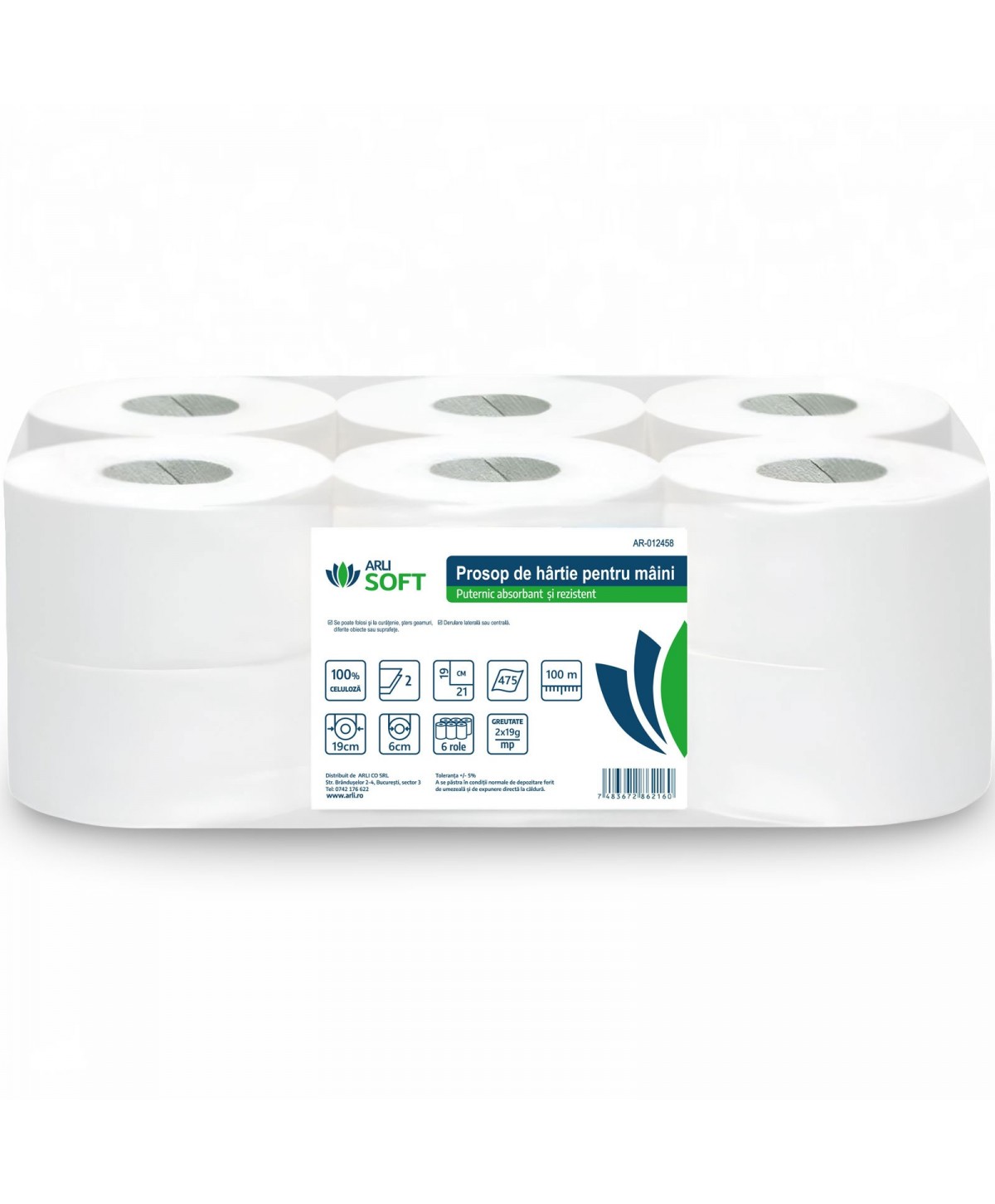 Prosoape de hartie tip rola, 2 straturi, 100% celuloza, albe, 100 metri, 475 portii, ArliSoft®, pachet 6 role