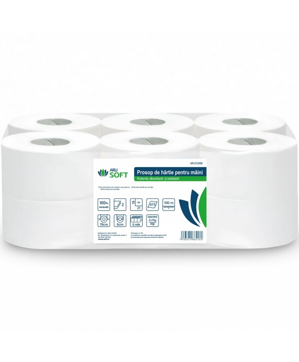 Prosoape de hartie tip rola, 2 straturi, 100% celuloza, albe, 100 metri, 475 portii, ArliSoft®, pachet 6 role Prosoape de hartie tip rola, 2 straturi, 100% celuloza, albe, 100 metri, 475 portii, ArliSoft®, pachet 6 role