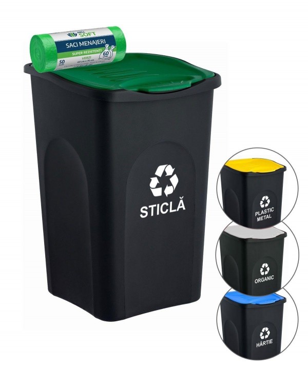 Cos de gunoi colectare selectiva deseuri din sticla EcoGreen 50 litri, cu capac