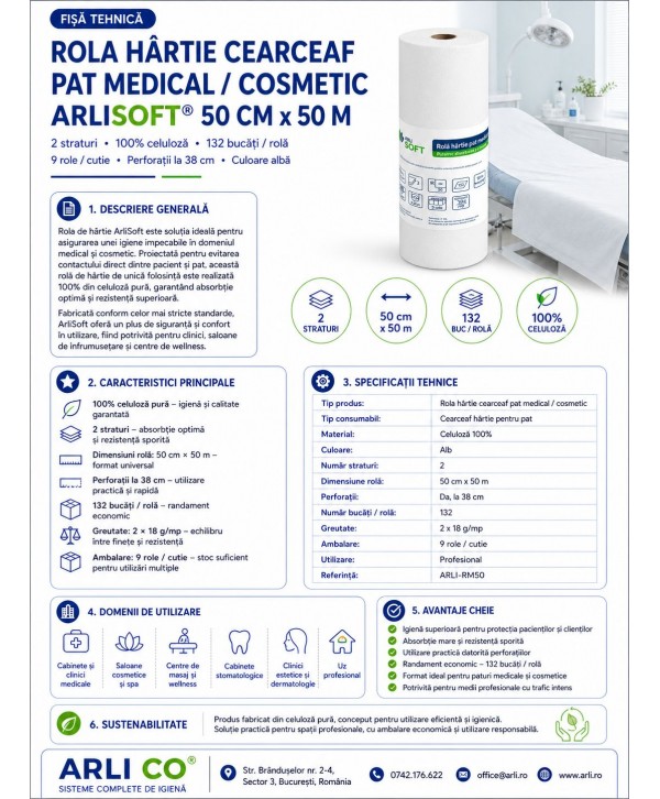 Rola hârtie cearceaf pat medical, cosmetic, masaj ArliSoft® 50 cm x 50 metri – Scutul🛡 de igienă pentru pacienți și clienți