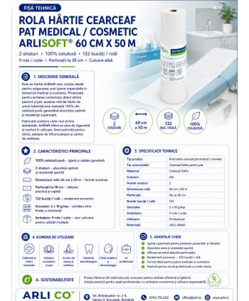 Rola hârtie cearceaf pat medical, cosmetic, masaj ArliSoft® 60 cm x 50 metri – Scutul🛡 de igienă pentru pacienți și clienți