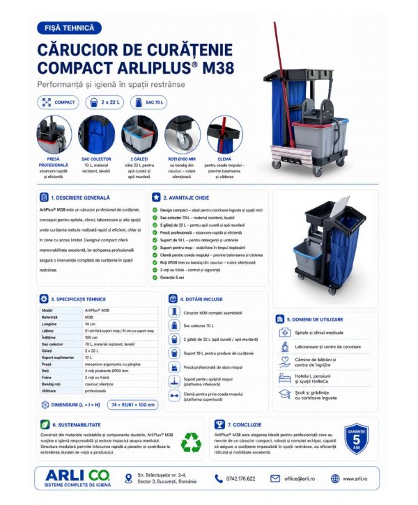 Cărucior de Curățenie Compact ArliPlus® M38 – Performanță și igienă în spații restrânse Cărucior de Curățenie Compact ArliPlus® M38 – Performanță și igienă în spații restrânse