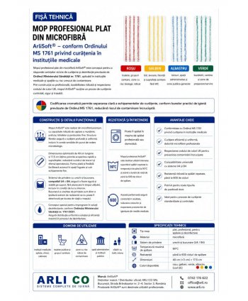 Mop profesional plat din microfibră 40 cm cu dungi verzi, urechi și buzunare, pentru spatii alimentare