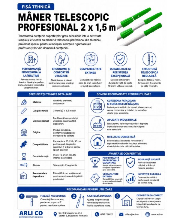 Mâner Telescopic Profesional din Aluminiu pentru  Curățenie la Înălțime - 3 metri (2 buc x 1,5 metri)