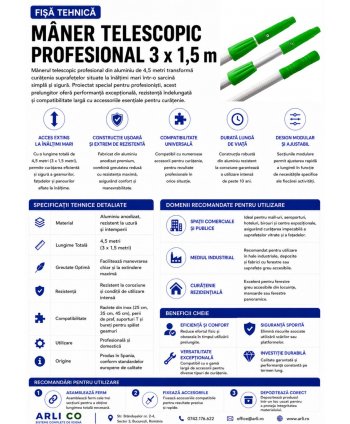 Mâner Telescopic Profesional din Aluminiu pentru  Curățenie la Înălțime Mare - 4,5 metri (3 buc x 1,5 metri)