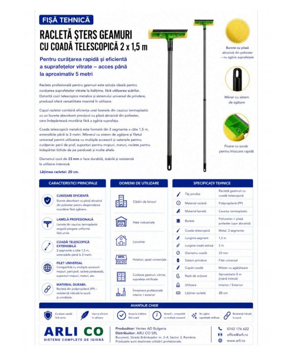 Racletă șters geamuri cu coadă telescopică 3 m – curățare eficientă pentru suprafețe vitrate