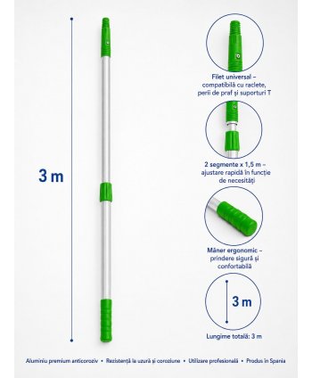 Mâner Telescopic Profesional din Aluminiu pentru  Curățenie la Înălțime - 3 metri (2 buc x 1,5 metri)