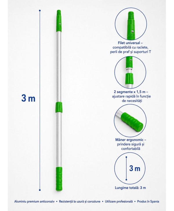 Mâner Telescopic Profesional din Aluminiu pentru  Curățenie la Înălțime - 3 metri (2 buc x 1,5 metri)