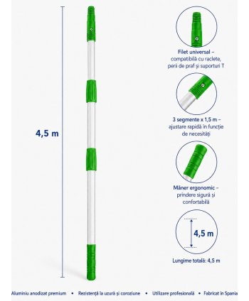 Mâner Telescopic Profesional din Aluminiu pentru  Curățenie la Înălțime Mare - 4,5 metri (3 buc x 1,5 metri)