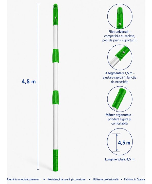 Mâner Telescopic Profesional din Aluminiu pentru  Curățenie la Înălțime Mare - 4,5 metri (3 buc x 1,5 metri)