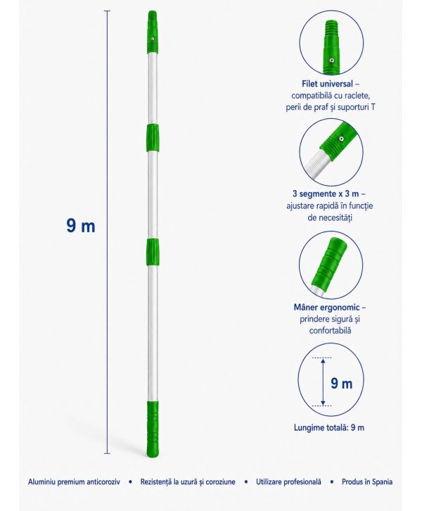 Mâner Telescopic Profesional din Aluminiu pentru Curățenie la Înălțime Extrema - 9 metri (3 buc x 3 metri) Mâner Telescopic Profesional din Aluminiu pentru Curățenie la Înălțime Extrema - 9 metri (3 buc x 3 metri)