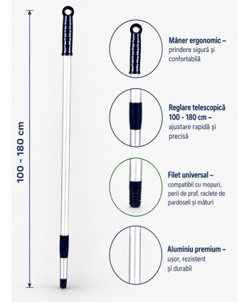  Produse de curatenie profesionale - Mâner telescopic Profesional din Aluminiu, Reglabil (100 - 180 cm) pentru Mopuri, Perii de Praf, Mături, Raclete de Pardoseli - arli.ro