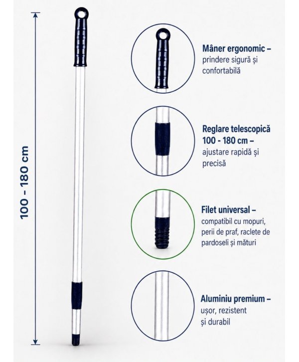 Mâner telescopic Profesional din Aluminiu, Reglabil (100 - 180 cm) pentru Mopuri, Perii de Praf, Mături, Raclete de Pardoseli