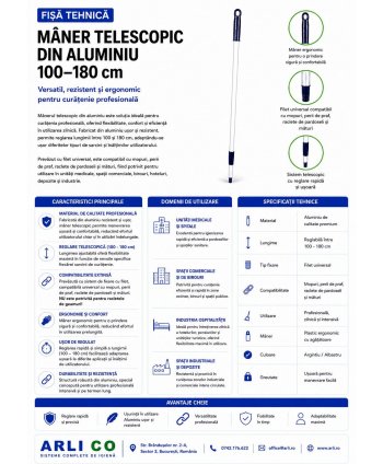 Mâner telescopic Profesional din Aluminiu, Reglabil (100 - 180 cm) pentru Mopuri, Perii de Praf, Mături, Raclete de Pardoseli