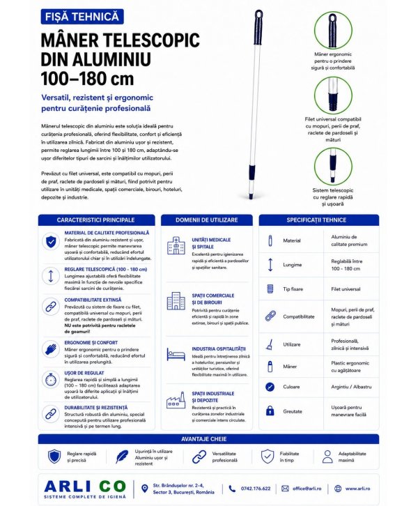 Mâner telescopic Profesional din Aluminiu, Reglabil (100 - 180 cm) pentru Mopuri, Perii de Praf, Mături, Raclete de Pardoseli