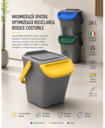 Coș de Gunoi Stivuibil 28 L pentru Colectare Selectivă - Galben
