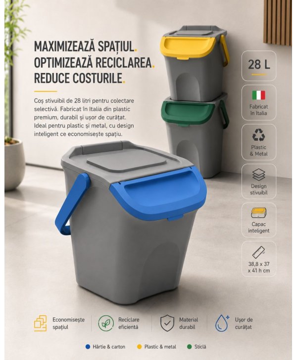 Coș de Gunoi Stivuibil 28 L pentru Colectare Selectivă – Albastru Coș de Gunoi Stivuibil 28 L pentru Colectare Selectivă – Albastru