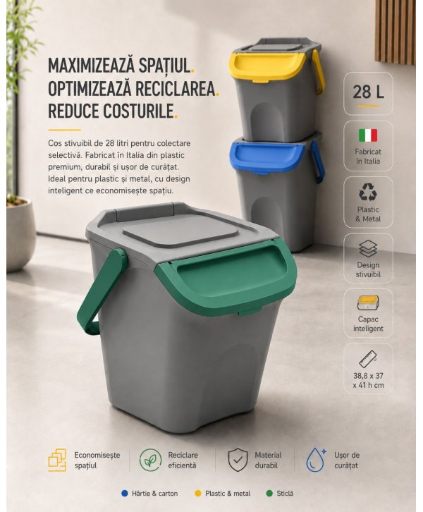 Coș de Gunoi Stivuibil 28 L pentru Colectare Selectivă – Verde Coș de Gunoi Stivuibil 28 L pentru Colectare Selectivă – Verde