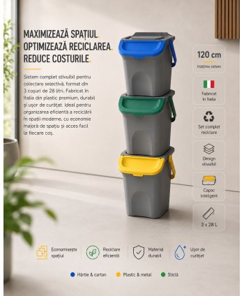 Set Coșuri de Gunoi Stivuibile 3x28 L - Sistem Complet pentru Colectare Selectivă